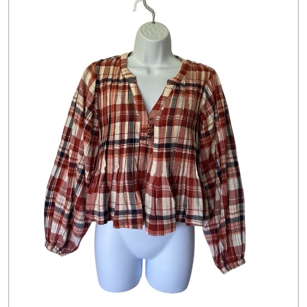 Pilcro Pleated Swing  Blouse Balloon Sleeve Plaid Metallic Anthropologie Size XS - Picture 4 of 9